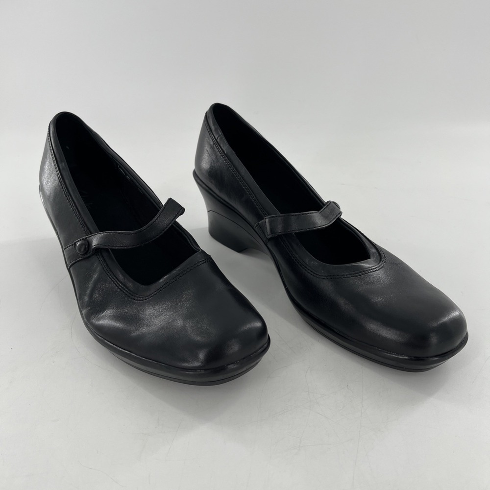 Clarks Leather Mary Jane Pumps Slip On Wedge Heel 8 M Womens Emeraldsea Black - Picture 9 of 16